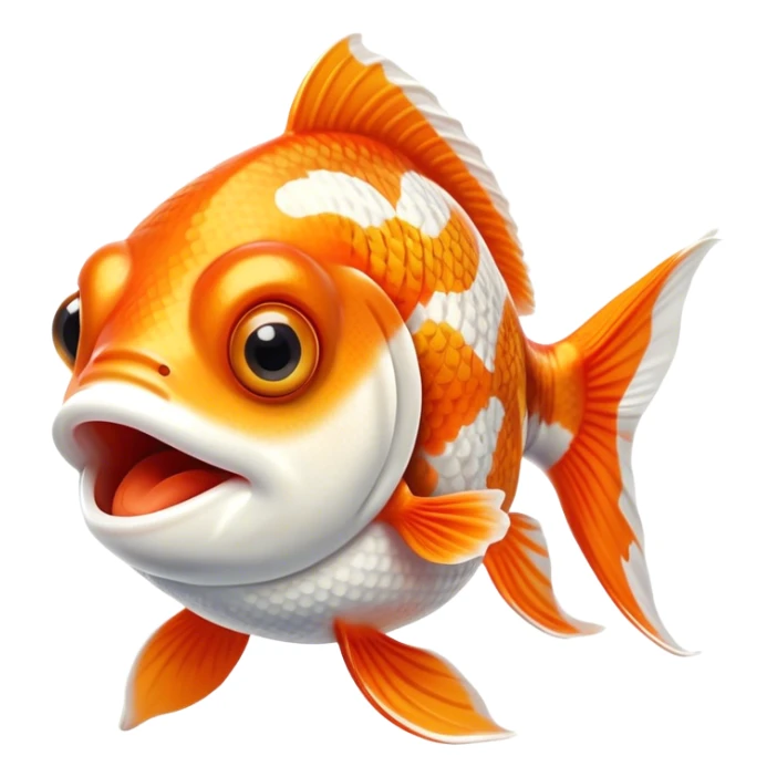 Cinematic Comical Orange and White Goldfish Portrait Emoji, Head tilted dramatically with an exaggeratedly amused expression, featuring a striking body with bold orange and white patterns, wide, expressive golden eyes filled with playful disbelief, Simplified yet hilariously expressive features, highly detailed, glowing with a slightly sassy glow, high shine, dramatic yet playful, stylized with an air of cheeky mischief, bright and endearing, soft glowing outline, capturing the essence of a spirited and over-the-top goldfish, so meme-worthy it feels like it could side-eye its way into internet fame instantly! sticker