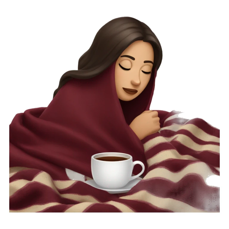 Brunette girl inside a burgundy blanket sipping coffee eyes closed sticker
