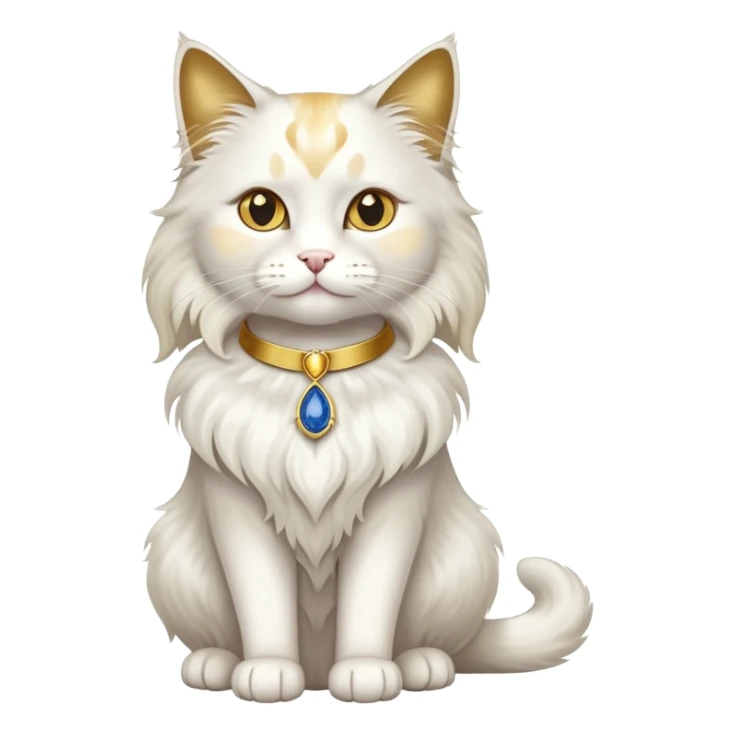Fancy white fluffy long-haired sophisticated elegant sitting pet cat with a gold-sapphire collar (full body)  sticker