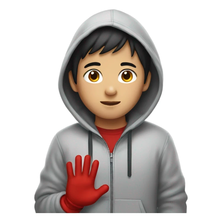 Asian Boy wearing red gloves on hands and a hoodie sticker