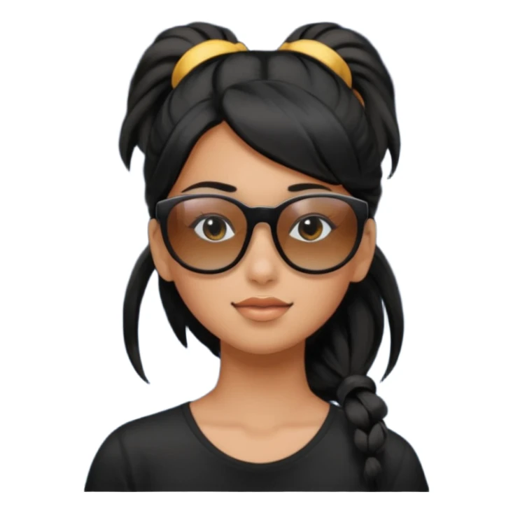 An Emoji of girl with black ponytail hair, who can be described by three words: sun, moo, star sticker