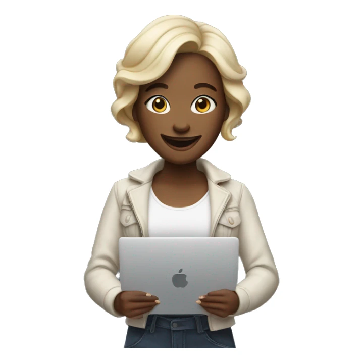 memoji of a cool woman smiling and has a laptop sticker