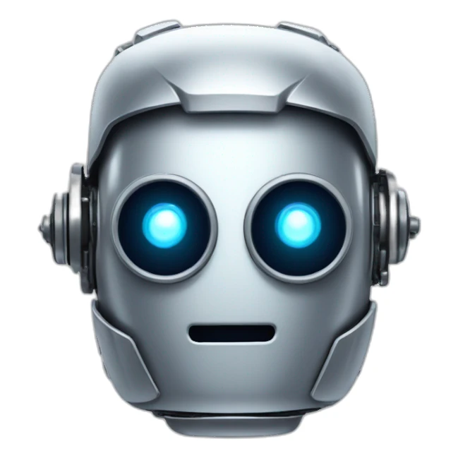 A robot with eyes like a led display, hears like silver plates and a big moustache sticker