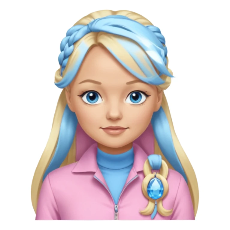 Emma Bunton with long blonde ponytail hair, blue eyes, light pink outfit sticker