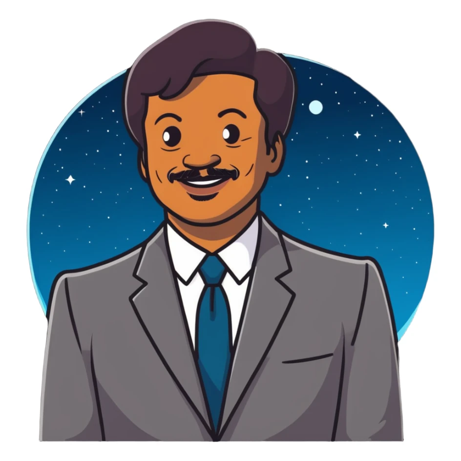 Neil deGrasse Tyson, smiling astrophysicist in suit with cosmic background sticker