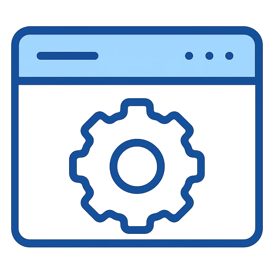 Use the provided blue browser window template as the base. Add a blue gear in the center, a horizontal bar and three small circles in the top right, all in shades of blue. Maintain a flat and modern style with clean lines. Ensure the background is fully transparent. Avoid dark or black backgrounds and minimize use of other colors. Prioritize clarity and visibility. sticker