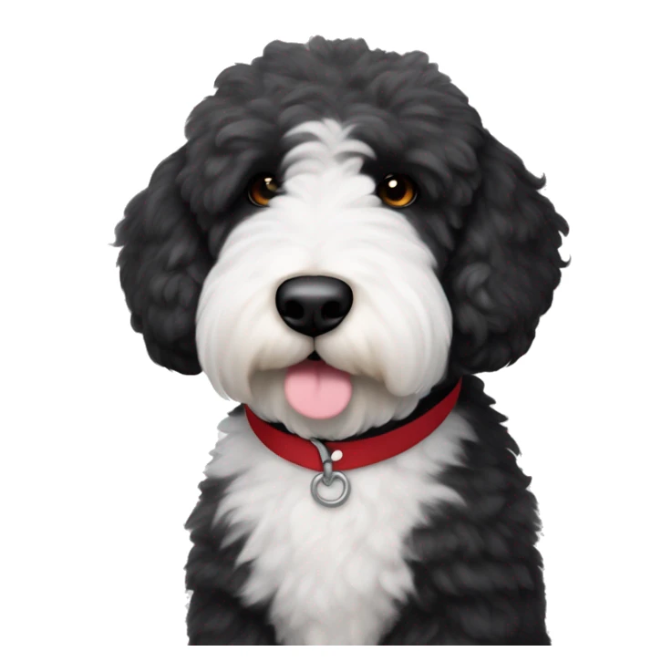 handsome sheepadoodle, white center of chest, black shoulders, red collar, white on thin center of face and mustache, black fur on eyes and outside of face,nice mustache, great posture sticker