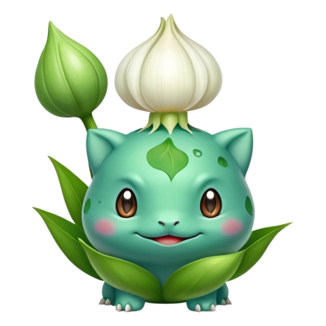 Bulbasaur with a green, unopened plant bulb with layered petals, resembling a garlic or lily bud on back sticker