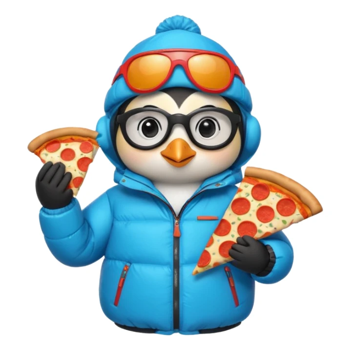 cute penguin, puffy jacket, holding pizza, ski glasses on head sticker