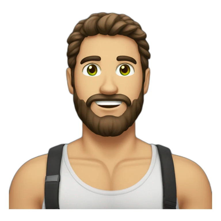 one white guy with dark brown longhair greeneye beard blacktshirt thumbup sticker