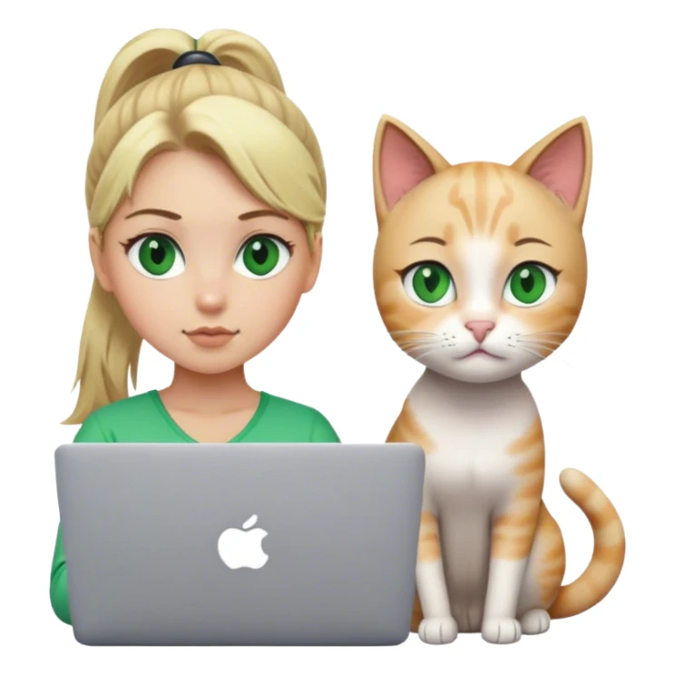 Blonde girl ponytail green eyes with macBook and a cat sticker