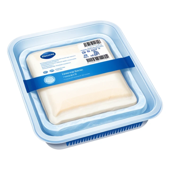 A vacuum-sealed plastic tray containing frozen white fish fillets, covered with thin layers of frost. The packaging has a clear window showing the fish, and a blue label with product details and a barcode. Realistic supermarket freezer setting with cold mist and LED lighting. sticker