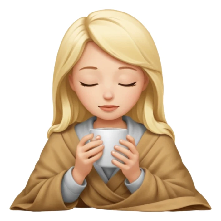 Blonde girl inside a blanket sipping coffee eyes closed sticker