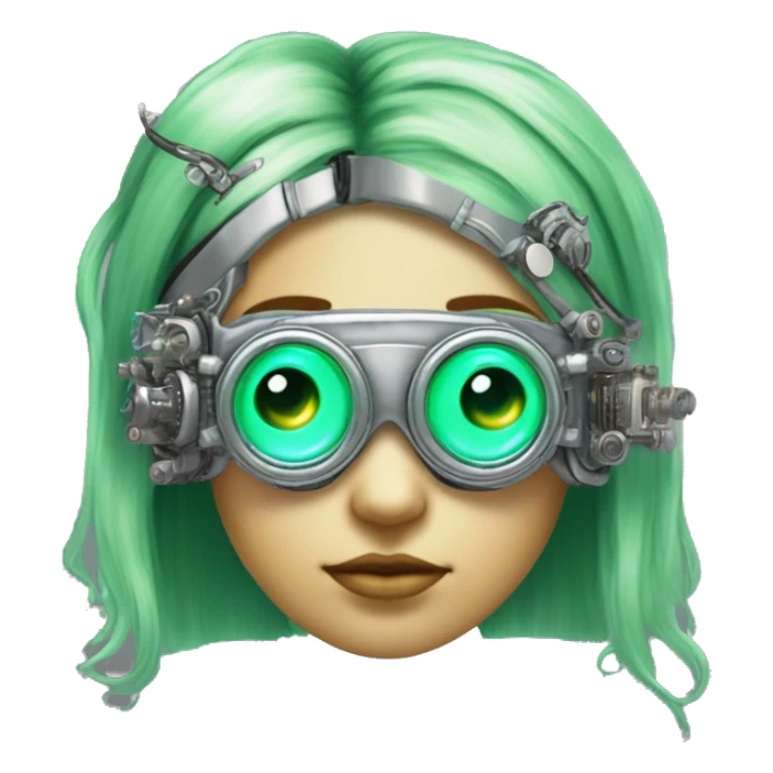 Light green long hair female cyborg head with silver steampunk goggles as a headband, circuits sticker