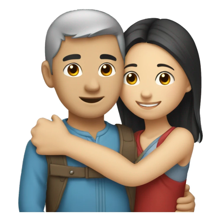 hug between asian girl and romanian man with a  sticker