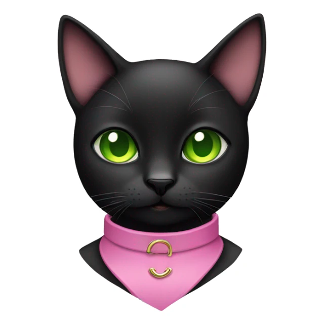 black cat with green eyes and wearing a pink collar sticker