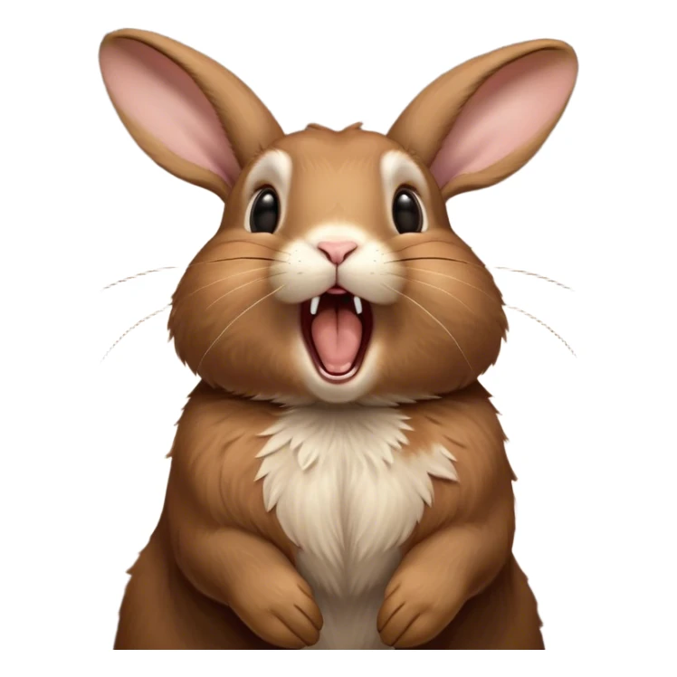Cinematic Cute Yawning Brown Rabbit Portrait Emoji, Head tilted slightly with a dramatic, wide-open yawn, showcasing a smooth, rich brown fur with floppy ears, round brown eyes barely open in drowsy contentment, Simplified yet irresistibly adorable features, highly detailed, glowing with a soft, cozy glow, high shine, relaxed yet expressive, stylized with a touch of whimsy, bright and endearing, soft glowing outline, capturing the essence of a sleepy yet affectionate bunny, so drowsy it feels like it could stretch out of the screen and curl up for a nap! sticker
