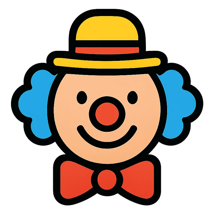 clown icon, stylized, round face, red nose, simple shapes sticker