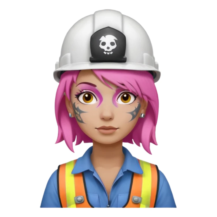 construction worker woman pink hair, white helmet and face tattoo sticker