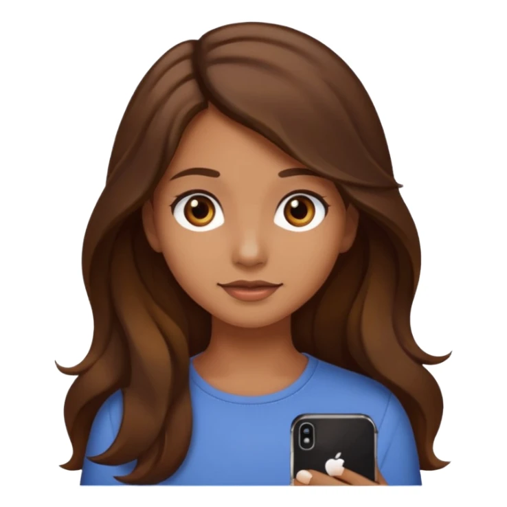 chica con el pelo castaño, largo, ondas sutiles, ojos marrón oscuro, estilo emoji de iPhone sticker
