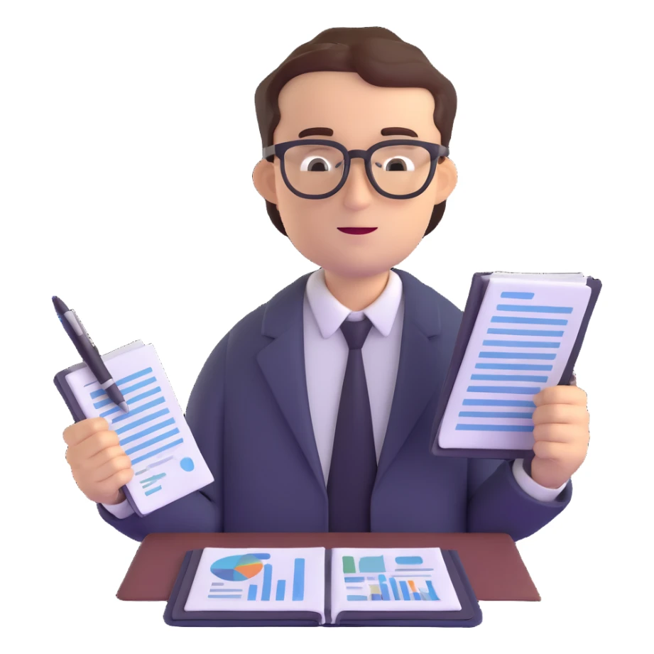 male accountant with financial reports, pen and glasses sticker