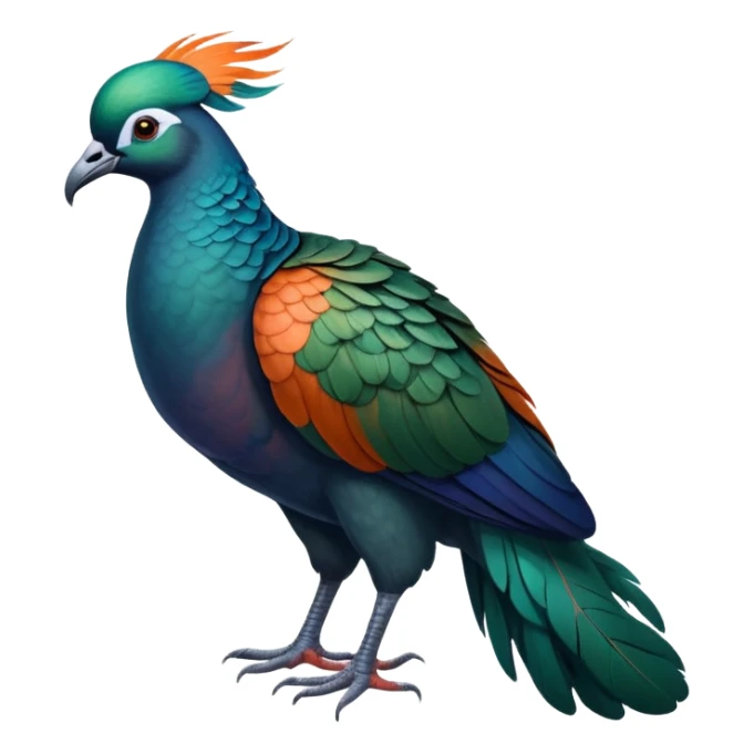 Nicobar pigeon with iridescent blue-green feathers, long neck feathers, bright orange beak, and white tail sticker