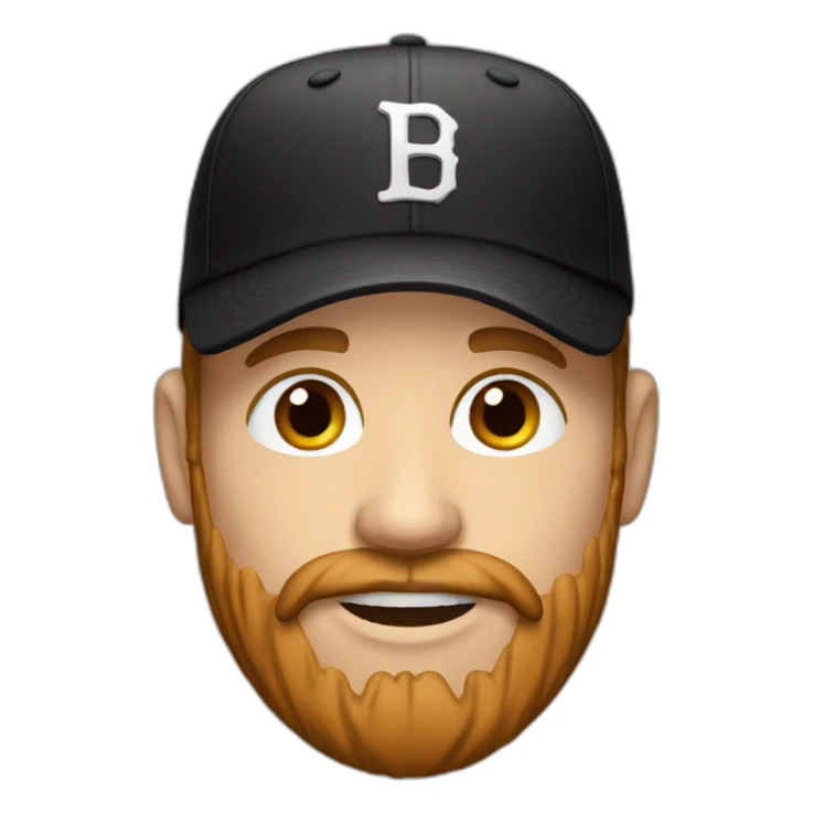 white man face with a brown beard and a black baseball hat sticker