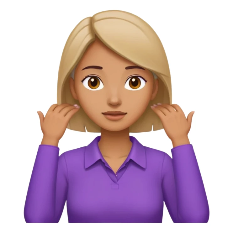 Lady in pirple shirt with her hands on her neck crossing sticker