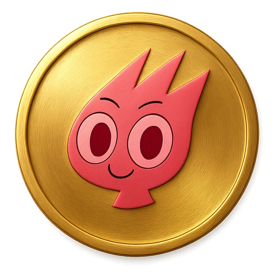 Create a simple flat gold coin with a thin rim and transparent background, no shadows. The coin features only the mascot's head from the provided image, centered and in pink color. No neck or extra details, just the head. sticker