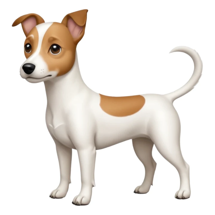 a full body white jack russel looking dog the size of a kelpie with light brown ears and a light brown patch on one eye, flopped down ears and a large snout sticker