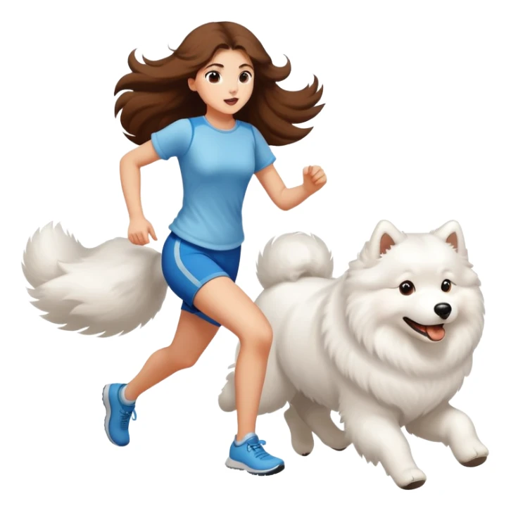 A beautiful girl with long hair runs with a Samoyed sticker