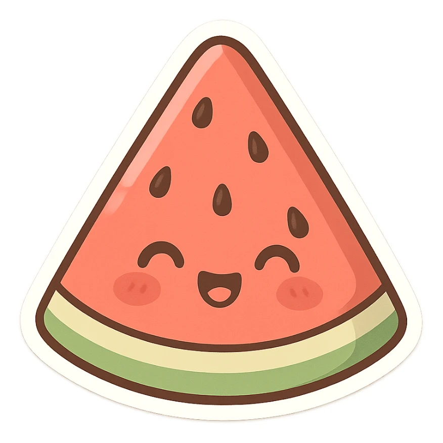 chibi sticker-style watermelon slice with a smiling face, cute and exaggerated sticker