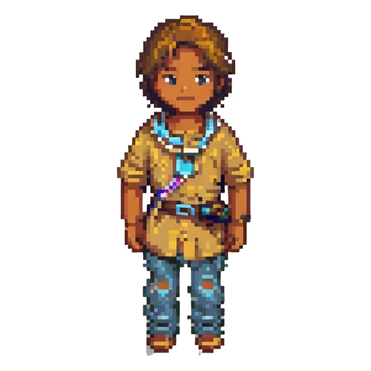 Make the boy's skin tone tan, keep everything else the same, pixel art style, with no background. sticker