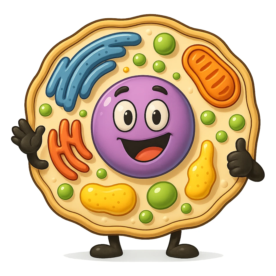 Make the cell and organelles more 3D and cartoon style, remove the background, with vibrant colors and smooth shading typical of western adult animation cartoons. sticker