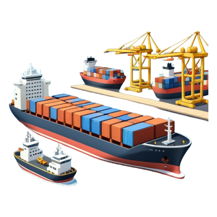 A 3D cartoon cargo or passenger seaport terminal with cranes and ships docked, calm lighting, Memoji-style realism. sticker