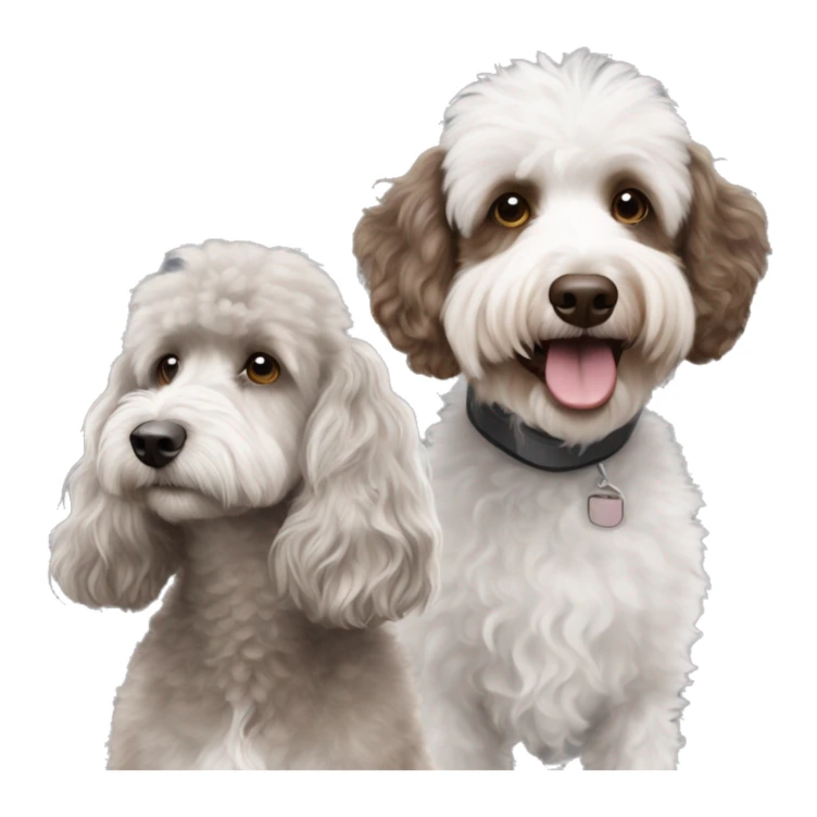 Brown and white poodle beside a all grey aussiedoodle sticker