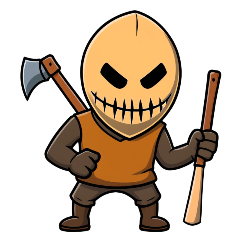 slasher film character with dirty burlap sack mask and axe sticker