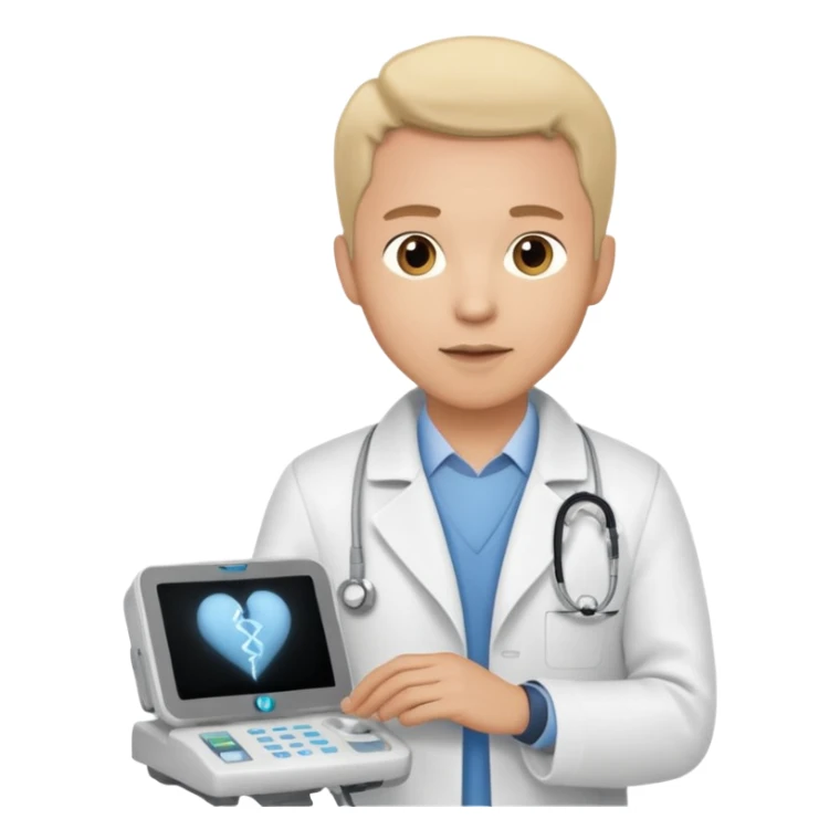 Cardiac sonographer male long white coat GE machine sticker