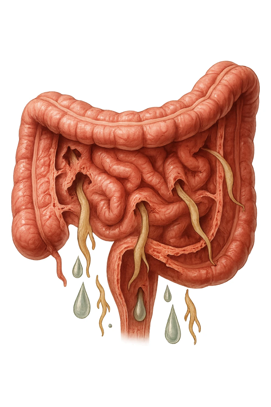 Realistic medical image of microscopic parasites leaving the intestines after taking natural kinesiological drops, symbolizing detox and cleansing. sticker