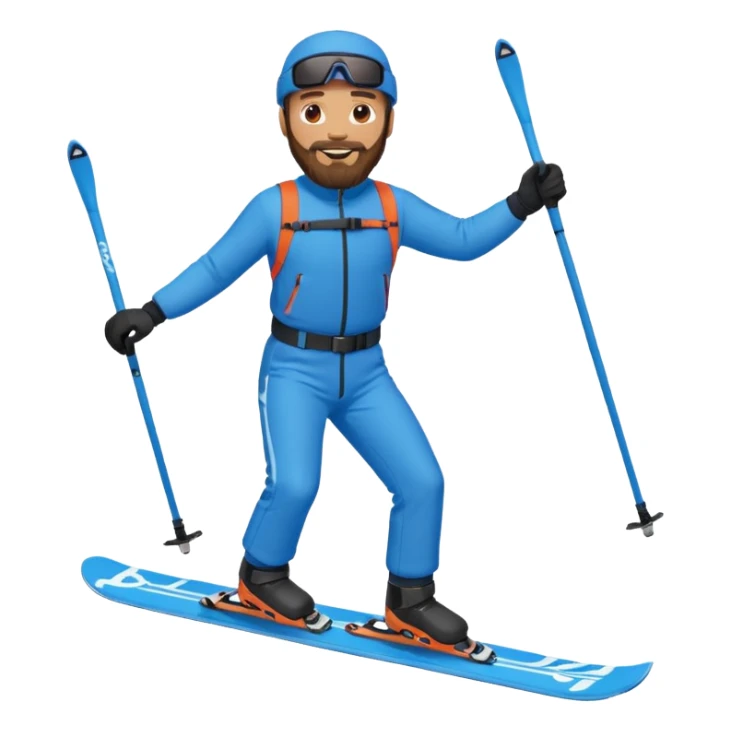 bearded man skiing, blue outfit, smiling. full body view sticker