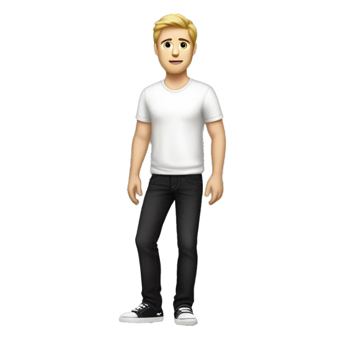 a white guy in his 20s with black jeans and a white shirt with a black side view sedan behind him sticker