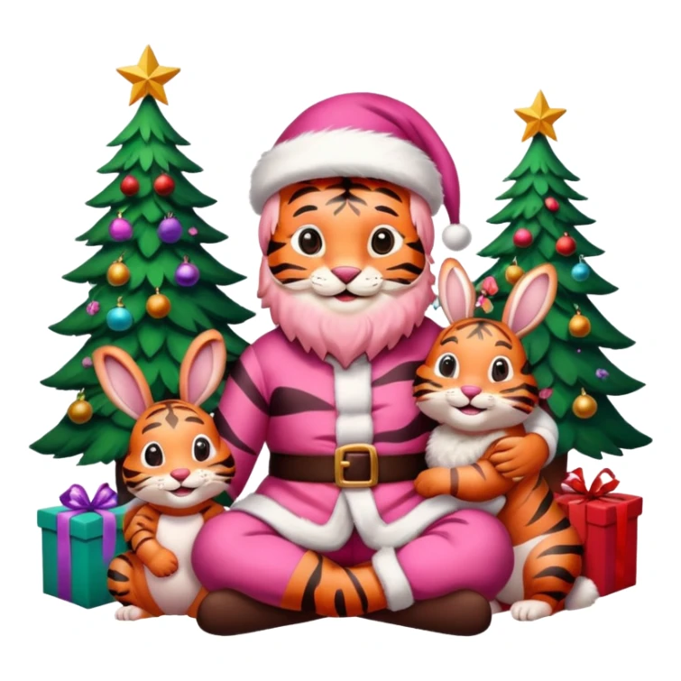 Smiling Pink tiger with Santa sitting with a bunny as friends and brightly lit colorful Christmas trees 🎁  sticker