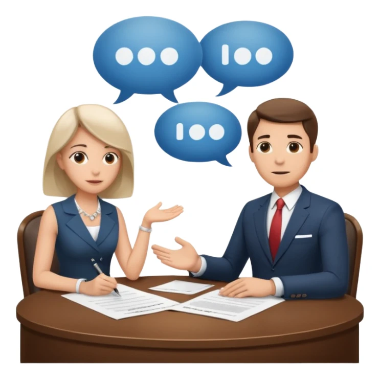 Two people sitting at a table with a large contract or paper between them and speech bubbles above, symbolizing negotiation and agreement signing. sticker