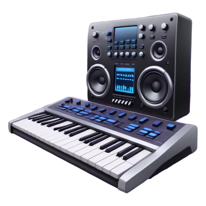 Create a professional and artistic emoji that represents sound design. The design should feature essential sound design equipment, including a high-end Korg synthesizer, a sound mixing console with visible wires, large studio speakers, and a microphone. Surround the equipment with flowing, abstract sound waves and musical notes to symbolize the fluid, creative nature of sound design. Add subtle effects like glowing sound frequencies or swirling patterns to represent the dynamic manipulation of sound. Use sleek, modern colors like black, silver, neon blue, and purple to evoke a sense of innovation and artistic exploration. The background should be transparent. sticker