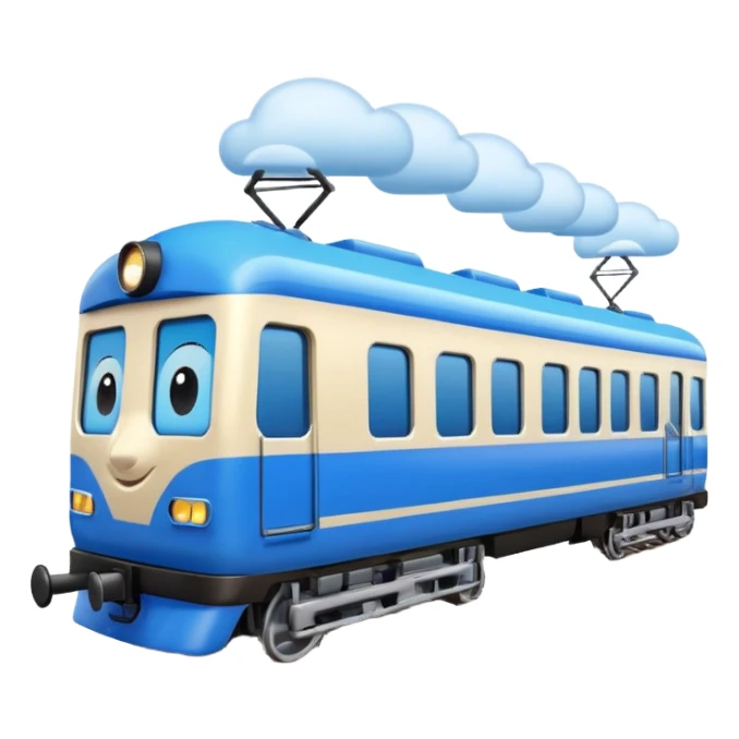 A 3D cartoon passenger train with blue carriages and visible windows, moving through countryside, Memoji-style. sticker