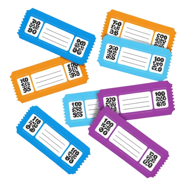 Create blank lottery coupons fanned out, clean and colorful, with different header colors and simple grid sections. No numbers, no text—just empty fields and a lottery-ticket layout. Bright, modern, and on a neutral background. sticker