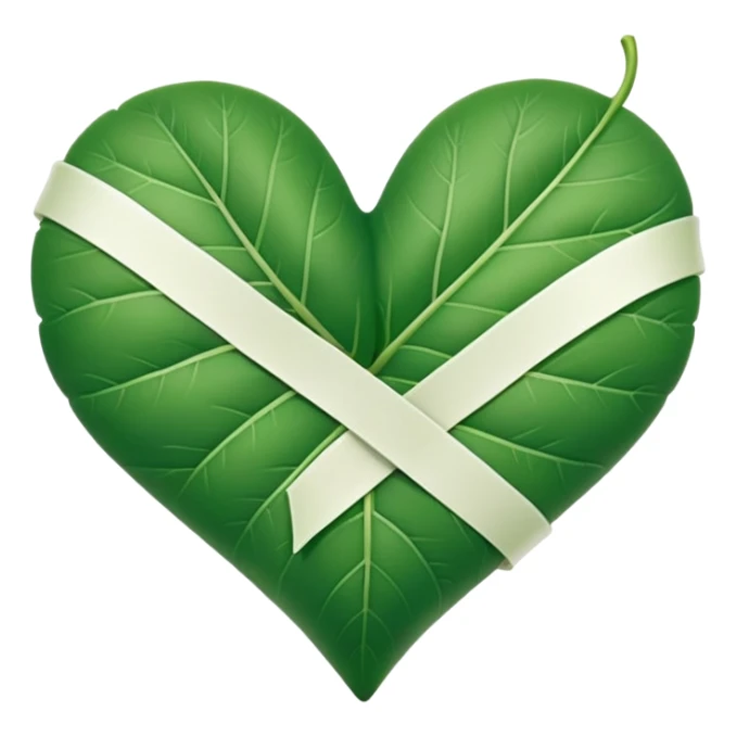  "A minimalist, stylized heart-shaped green leaf with a gentle, curved white bandage or ribbon wrapped around the center. The design should look warm and nurturing. Flat, clean emoji style for natural healing. Transparent background." sticker
