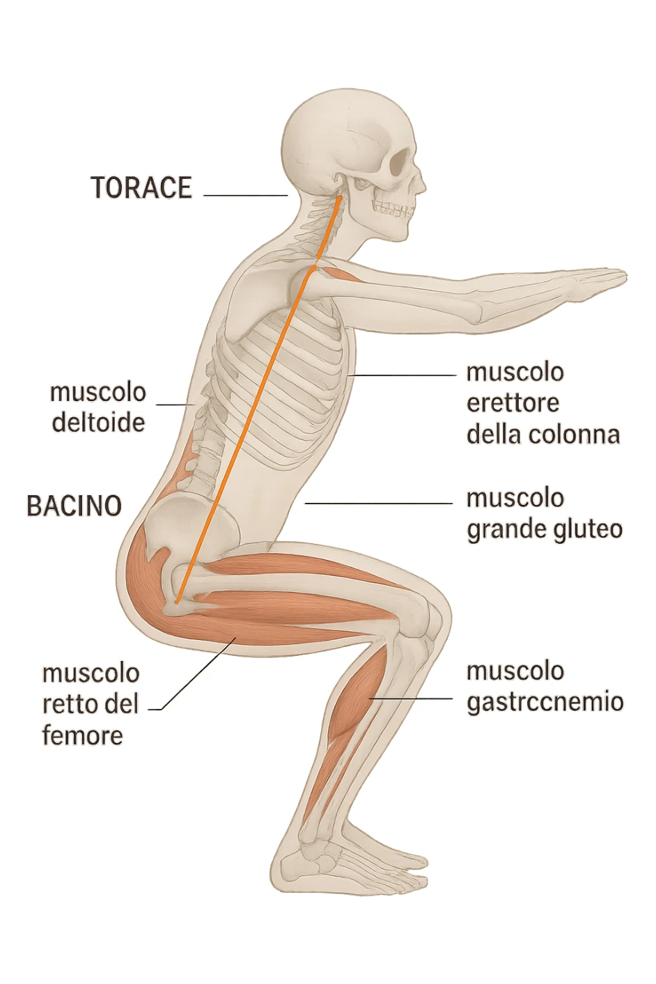 side view of a human figure performing a squat, with transparent overlays showing the skeletal structure. A straight line or highlighted axis connects the pelvis (bacino) and the ribcage (torace), demonstrating correct alignment. Key muscles involved in maintaining posture are labeled. Clean, educational style, white background. sticker