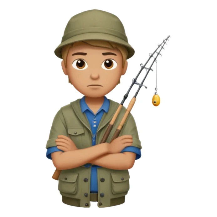 A boy with crossed arms, looking annoyed, dressed in fishing clothes. sticker