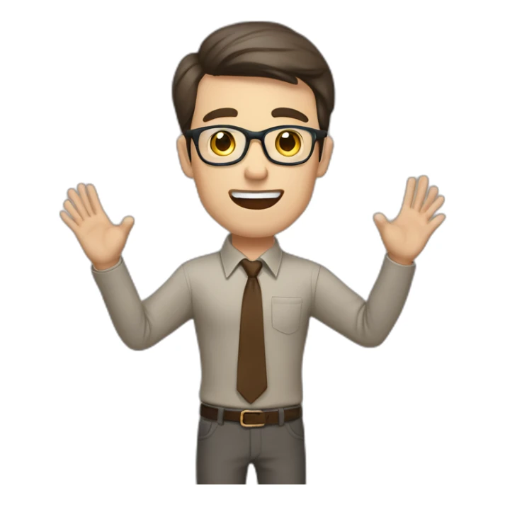 To belt Actively gesturing with hands Pale skinned fit man teacher with dark brown hair in gray jacket, beige office shirt, brown tie, brown pants and vintage glasses. sticker
